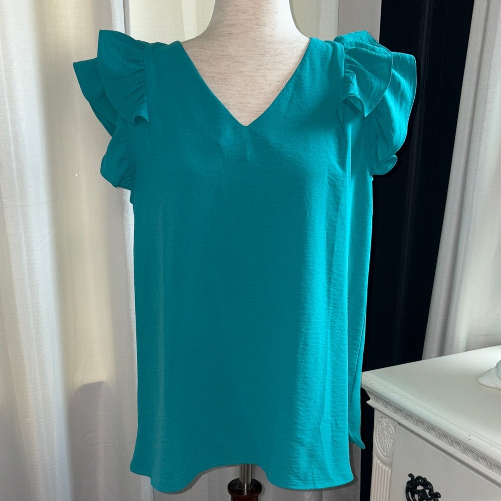Umgee Turquoise Ruffle Sleeve Blouse